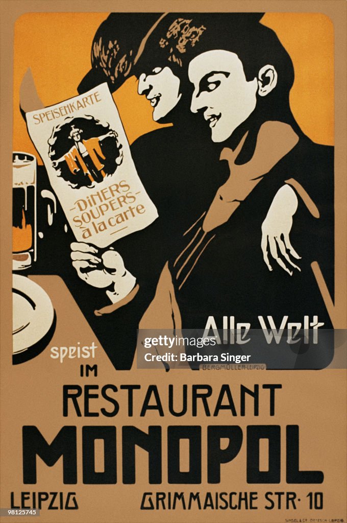 Vintage poster of couple reading menu at restaurant