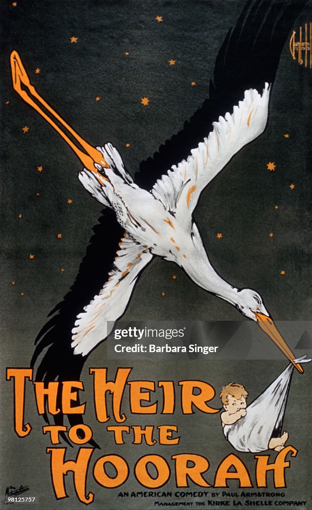 Vintage poster of stork carrying newborn baby