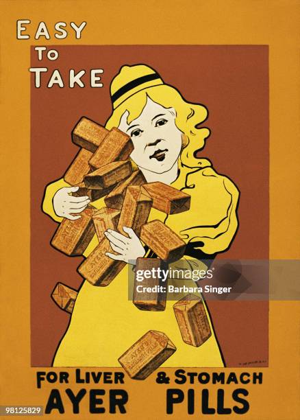 Vintage poster of girl carrying liver medicine packets