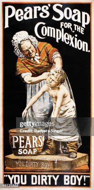Vintage poster of old woman washing boy