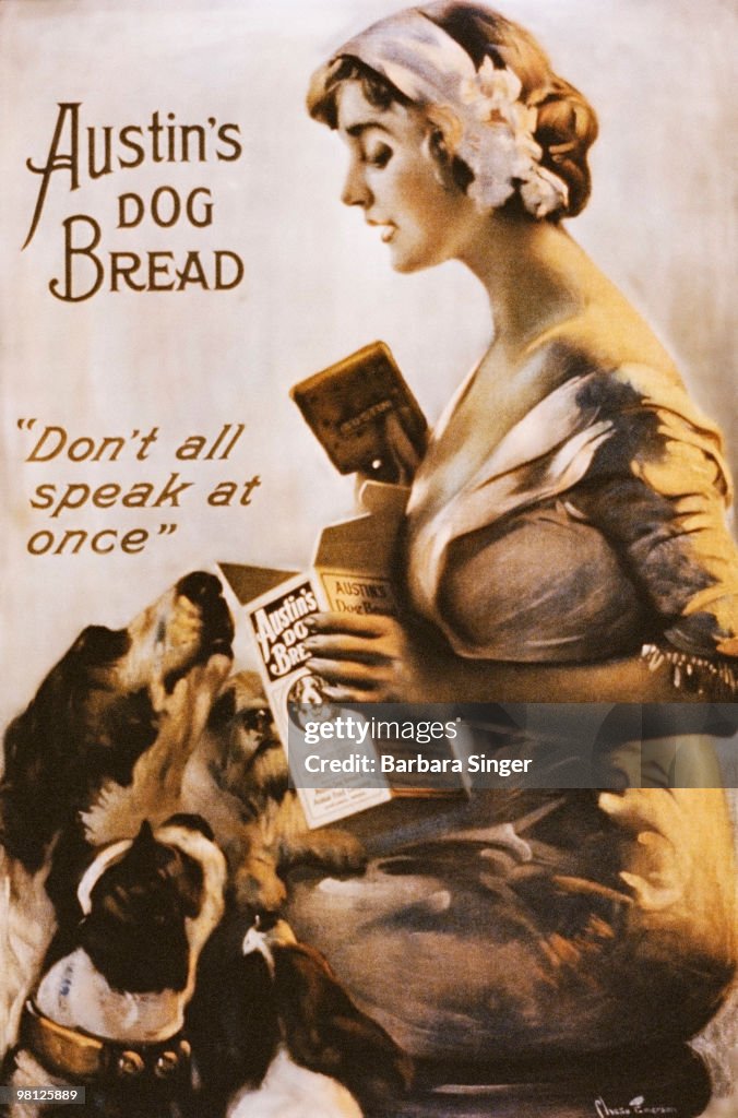 Vintage poster of woman feeding dogs