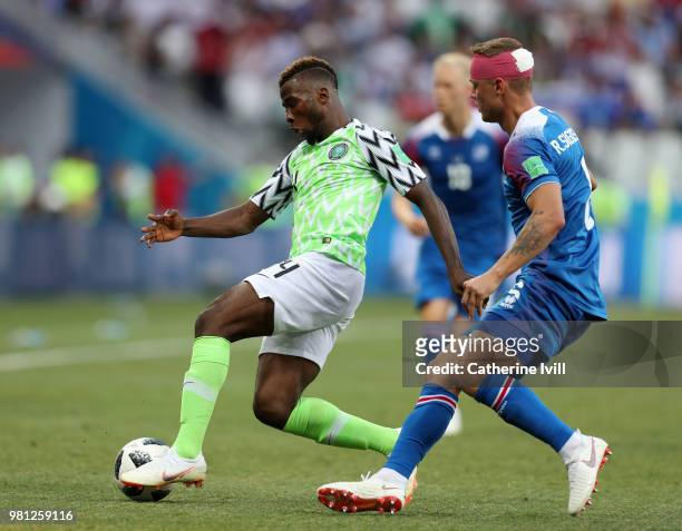 Kelechi Iheanacho of Nigeria is challenged by Ragnar Sigurdsson of Iceland during the 2018 FIFA World Cup Russia group D match between Nigeria and...