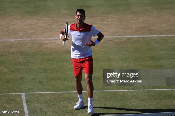 Novak Djokovic of Serbia celebrates victory during his 1/4 final match on Day 5 of the Fever-Tree Championships at Queens Club on June 22, 2018 in...