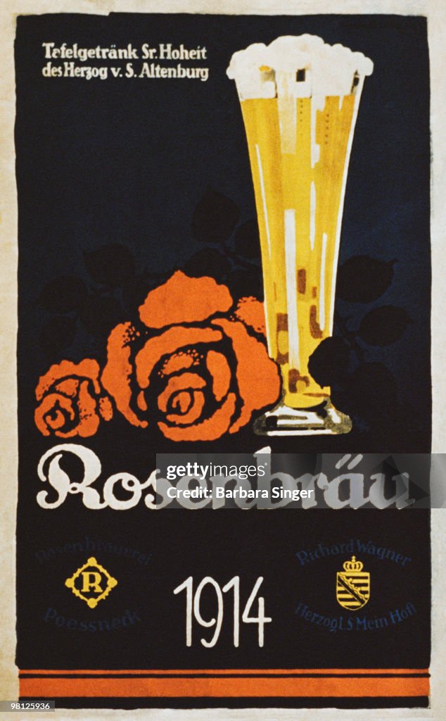 Vintage poster of tall glass of beer and rose