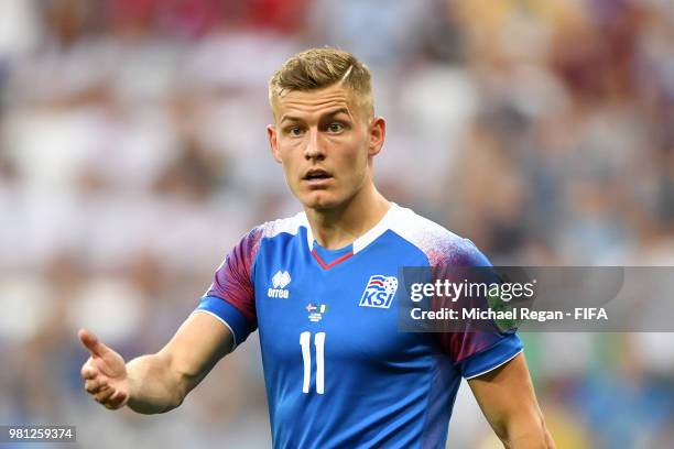 Alfred Finnbogason of Iceland reacts during the 2018 FIFA World Cup Russia group D match between Nigeria and Iceland at Volgograd Arena on June 22,...