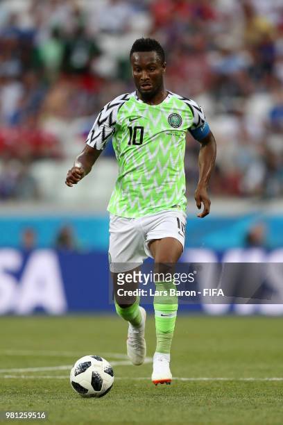 John Obi Mikel of Nigeria runs off the ball during the 2018 FIFA World Cup Russia group D match between Nigeria and Iceland at Volgograd Arena on...