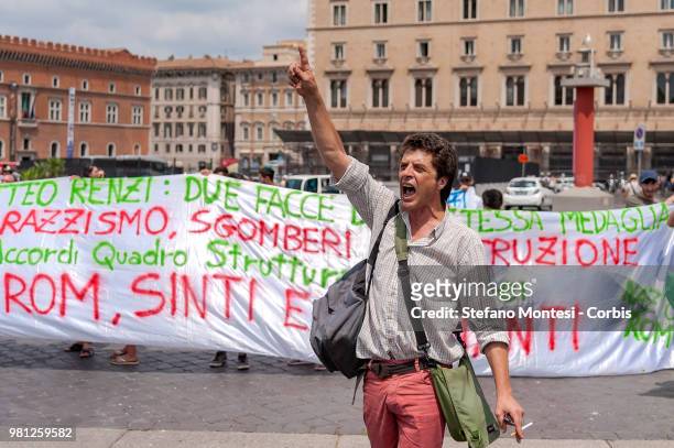 Marcello Zuinisi, legal representative of Associazione Nazione Rom during the demonstration of the Roma nation under the Capitol to protest against...