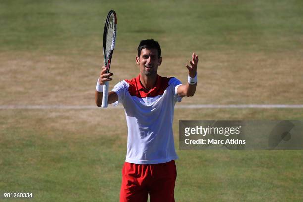 Novak Djokovic of Serbia celebrates victory during his 1/4 final match on Day 5 of the Fever-Tree Championships at Queens Club on June 22, 2018 in...