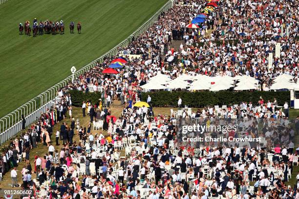 General view of the action as horses race in The Sandringham Stakes on day 4 of Royal Ascot at Ascot Racecourse on June 22, 2018 in Ascot, England.