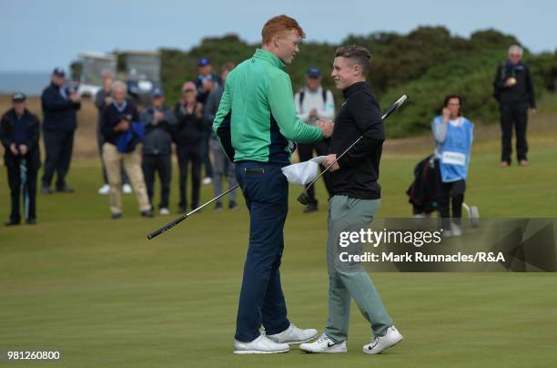 Robin Dawson , of Tramore is congratulated by opponent Conner Purcell of Portmarnock after his 3&2 win at the 16th hole during the Semi final of The...