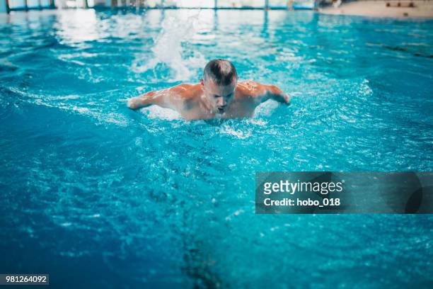mature adult man swimming - indoor triathlon stock pictures, royalty-free photos & images