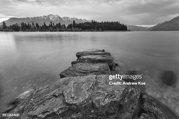 rocks in lake and remote mountain landscape, queenstown, new zealand - koe stock-fotos und bilder