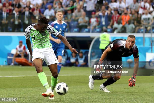 Ahmed Musa of Nigeria scores his sides second goal past Hannes Halldorsson of Iceland during the 2018 FIFA World Cup Russia group D match between...