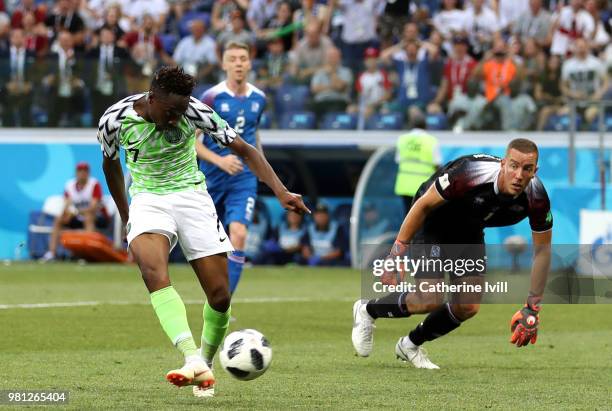 Ahmed Musa of Nigeria scores his team's second goal past Hannes Halldorsson of Iceland during the 2018 FIFA World Cup Russia group D match between...