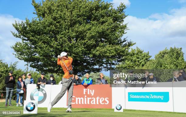 Maximillian Kieffer of Germany tees off on the 17th hole during day two of the BMW International Open at Golf Club Gut Larchenhof on June 22, 2018 in...