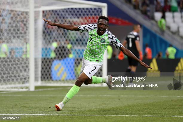 Ahmed Musa of Nigeria celebrates after scoring his team's second goal during the 2018 FIFA World Cup Russia group D match between Nigeria and Iceland...