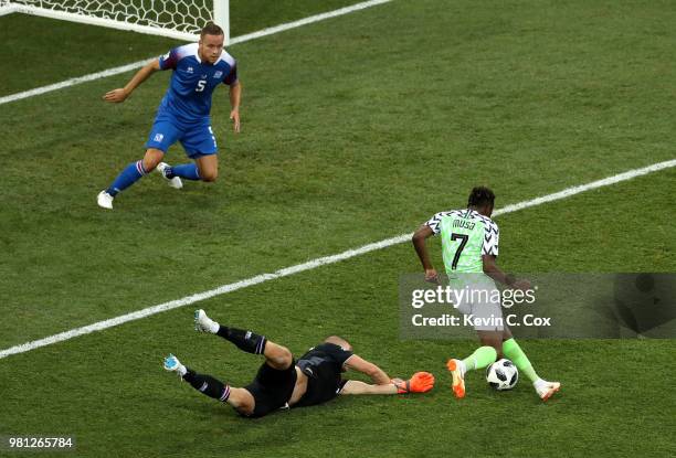 Ahmed Musa of Nigeria scores his team's second goal past Hannes Halldorsson of Iceland during the 2018 FIFA World Cup Russia group D match between...