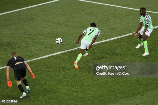 Ahmed Musa of Nigeria scores his sides second goal past Hannes Halldorsson of Iceland during the 2018 FIFA World Cup Russia group D match between...