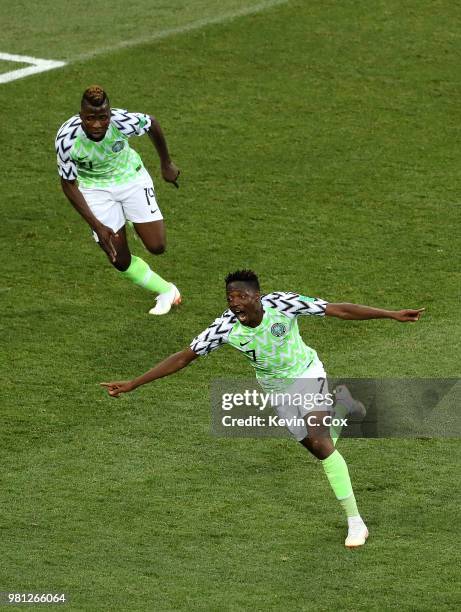 Ahmed Musa of Nigeria celebrates with teammate Kelechi Iheanacho after scoring his team's second goal during the 2018 FIFA World Cup Russia group D...