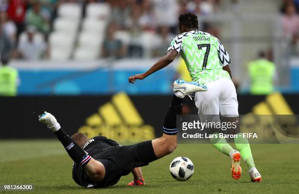 Ahmed Musa of Nigeria scores his team's second goal past Hannes Halldorsson of Iceland during the 2018 FIFA World Cup Russia group D match between...
