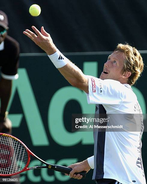 Sweden's Jonas Bjorkman competes in doubles in the Davis Cup quarter finals in Delray Beach, Florida April 10, 2004. The United States team of Bob...