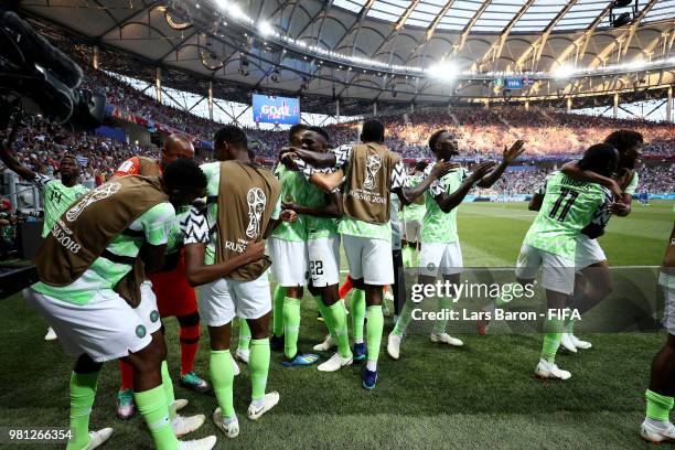 Ahmed Musa of Nigeria celebrates with teammates after scoring his team's second goal during the 2018 FIFA World Cup Russia group D match between...