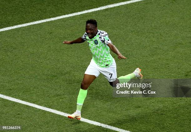 Ahmed Musa of Nigeria celebrates after scoring his team's second goal during the 2018 FIFA World Cup Russia group D match between Nigeria and Iceland...