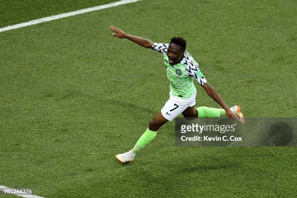 Ahmed Musa of Nigeria celebrates after scoring his team's second goal during the 2018 FIFA World Cup Russia group D match between Nigeria and Iceland...