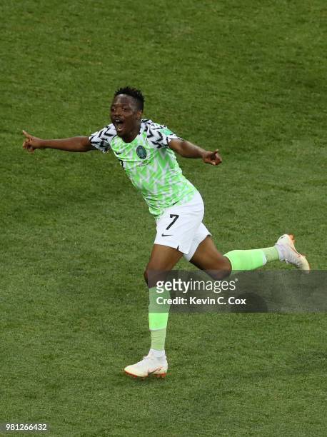 Ahmed Musa of Nigeria celebrates after scoring his team's second goal during the 2018 FIFA World Cup Russia group D match between Nigeria and Iceland...