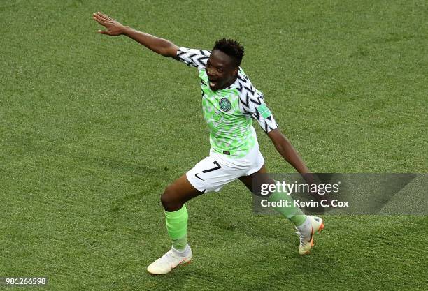 Ahmed Musa of Nigeria celebrates after scoring his team's second goal during the 2018 FIFA World Cup Russia group D match between Nigeria and Iceland...