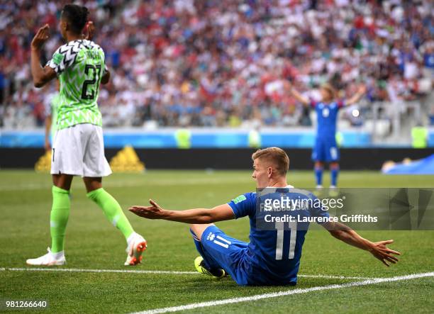Alfred Finnbogason of Iceland reacts as he goes to ground, before a penalty is then awarded after a VAR review during the 2018 FIFA World Cup Russia...