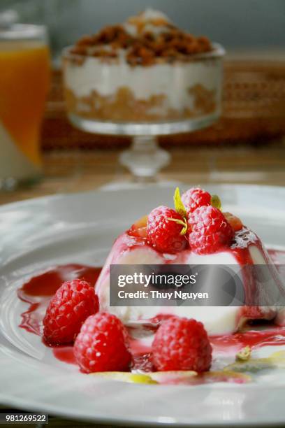 panna cotta filled with raspberry sauce - raspberry sauce stock pictures, royalty-free photos & images