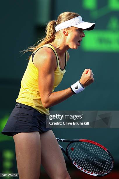 Daniela Hantuchova of Slovakia reacts after a point against Venus Williams of the United States during day seven of the 2010 Sony Ericsson Open at...