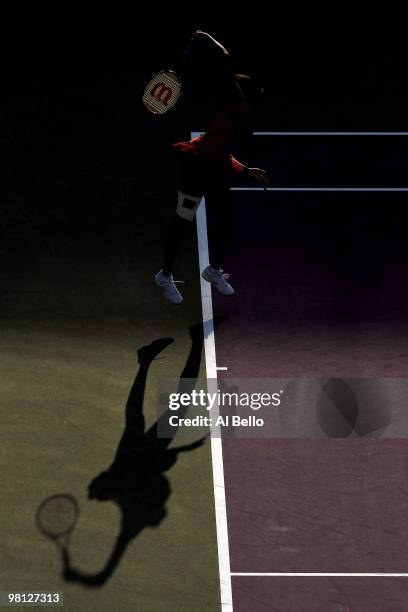 Venus Williams of the United States serves against Daniela Hantuchova of Slovakia during day seven of the 2010 Sony Ericsson Open at Crandon Park...