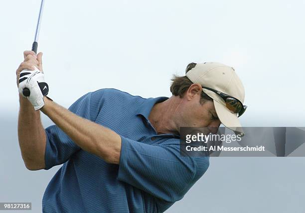 Paul Azinger tees off on the 10th hole at Whistling Straits, site of the 86th PGA Championship in Haven, Wisconsin August 12, 2004.