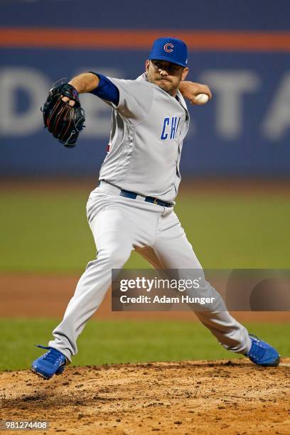 Brian Duensing of the Chicago Cubs pitches against the New York Mets during the eighth inning at Citi Field on May 31, 2018 in the Flushing...