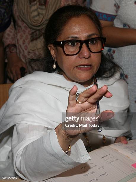 Rajya Sabha MP and actress Jaya Bachchan addresses a press conference in New Delhi on March 26, 2010.