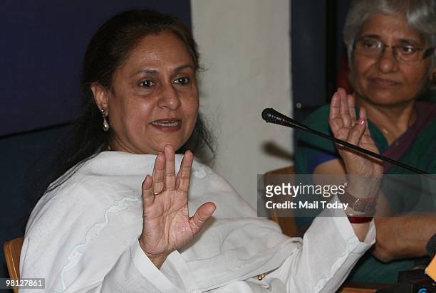 Rajya Sabha MP and actress Jaya Bachchan addresses a press conference in New Delhi on March 26, 2010.