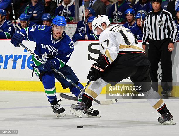 Michael Grabner of the Vancouver Canucks and Lubomir Visnovsky of the Anaheim Ducks battle for the puck during their game at General Motors Place on...