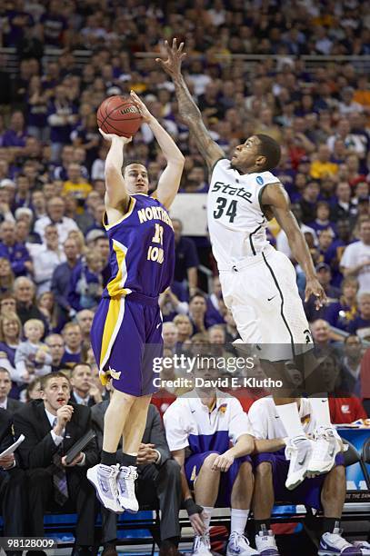 Playoffs: Northern Iowa Johnny Moran in action, shot vs Michigan State Korie Lucious . St. Louis, MO 3/26/2010 CREDIT: David E. Klutho