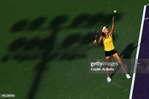 Daniela Hantuchova of Slovakia serves against Venus Williams of the United States during day seven of the 2010 Sony Ericsson Open at Crandon Park...