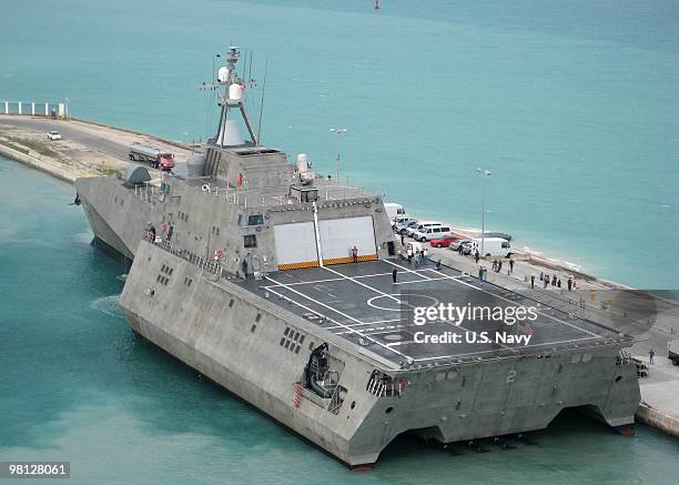 In this photo provided by the U.S. Navy, the Navy's newest littoral combat ship USS Independence arrives at Mole Pier March 29, 2010 at Naval Air...