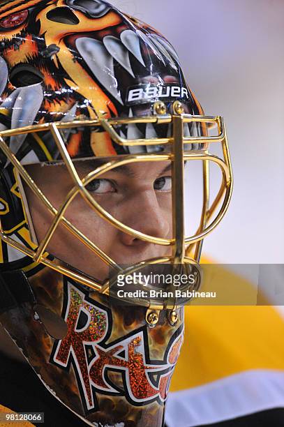 Tuukka Rask of the Boston Bruins during warm-ups before the game against the Buffalo Sabres at the TD Garden on March 29, 2010 in Boston,...