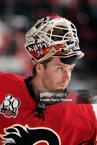 Miikka Kiprusoff of the Calgary Flames skates against the San Jose Sharks on March 19, 2010 at Pengrowth Saddledome in Calgary, Alberta, Canada. The...