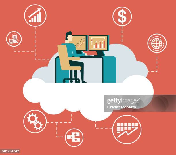 vector illustration of computing concept - man looking at computer screen stock illustrations