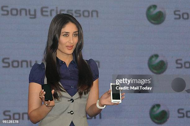 Bollywood actress and brand ambassador of Sony Ericsson cellular telephones Kareena Kapoor poses with Sony Ericsson's new telephone Xperia 10 during...