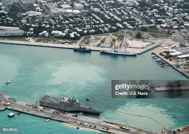 In this photo provided by the U.S. Navy, the Navy's newest littoral combat ship USS Independence arrives at Mole Pier March 29, 2010 at Naval Air...