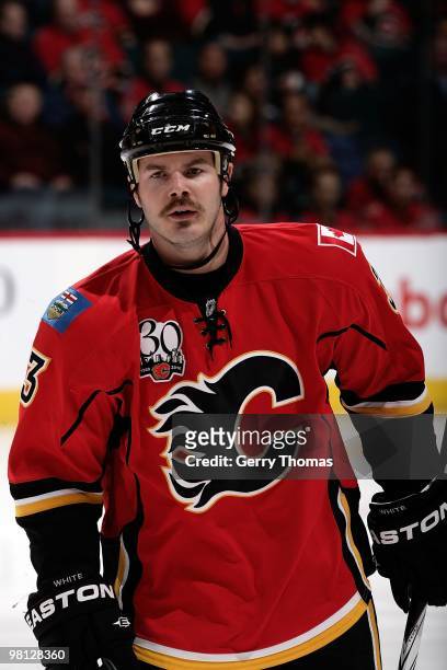 Ian White of the Calgary Flames skates against the San Jose Sharks on March 19, 2010 at Pengrowth Saddledome in Calgary, Alberta, Canada. The Flames...
