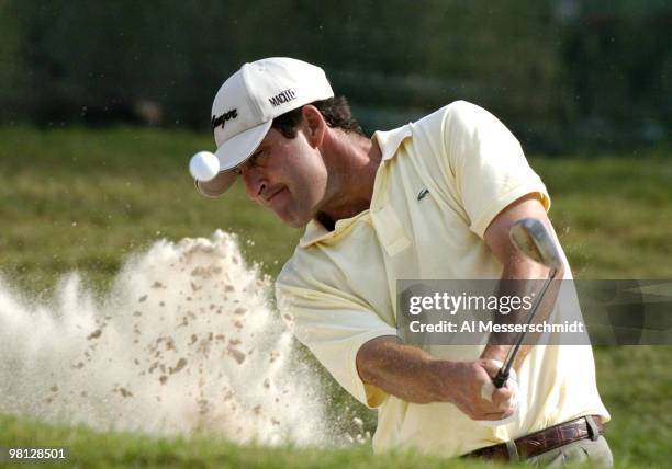 Jose Maria Olazabal blasts from a sandtrap during practice for the 2004 Chrysler Championship October 27, 2004.