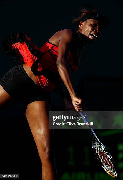 Venus Williams of the United States serves against Daniela Hantuchova of Slovakia during day seven of the 2010 Sony Ericsson Open at Crandon Park...